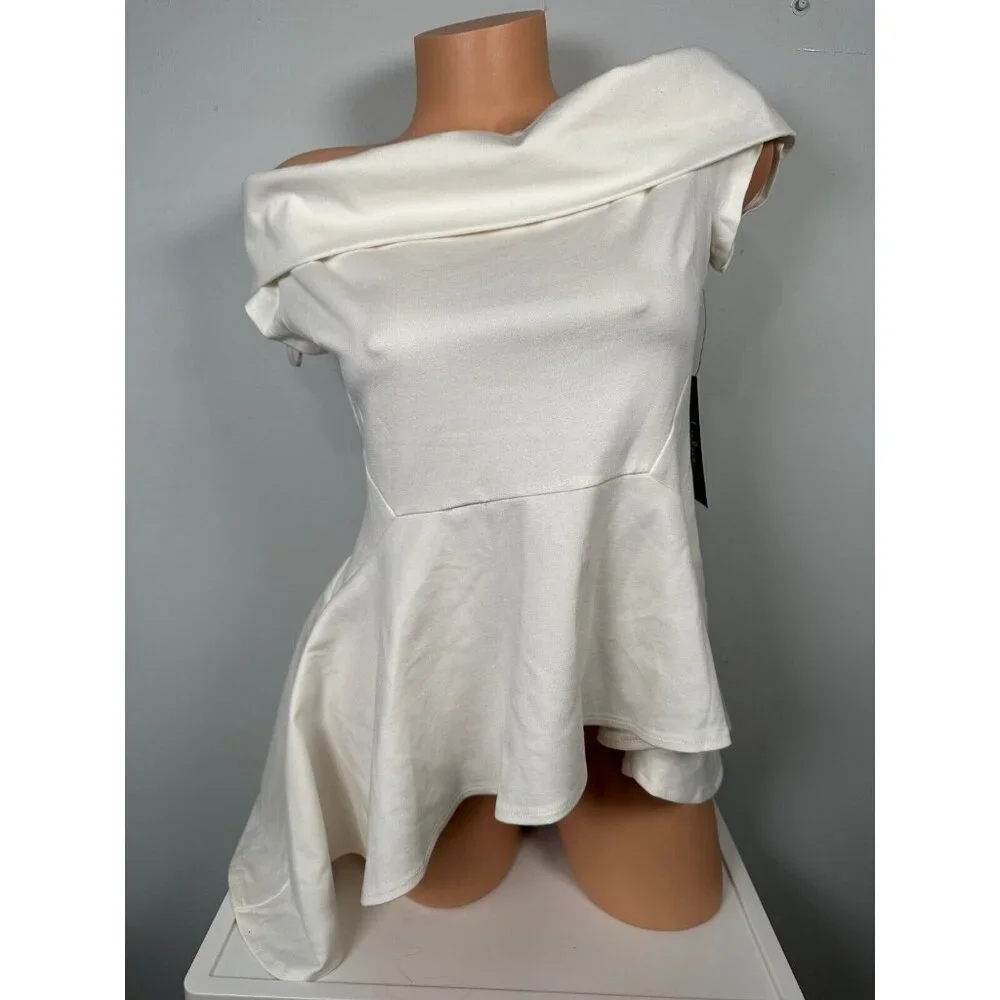 NWT LULUS Large Off Shoulder Short Sleeve Asymmetric Peplum Top White Zip Womens
